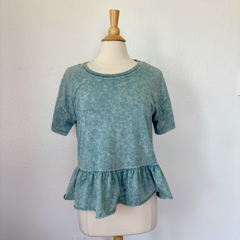 Cato Blue Tie-Dye Ruffle Hem Short Sleeve Top